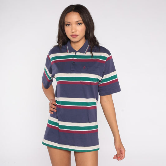 80s Penguin Club Striped Polo Shirt Navy Cream Green Burgundy Medium M