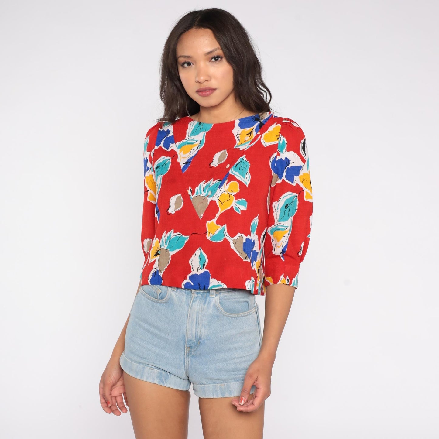 80s Abstract Floral Button Blouse Red Teal Yellow Puff Sleeve Extra Small XS