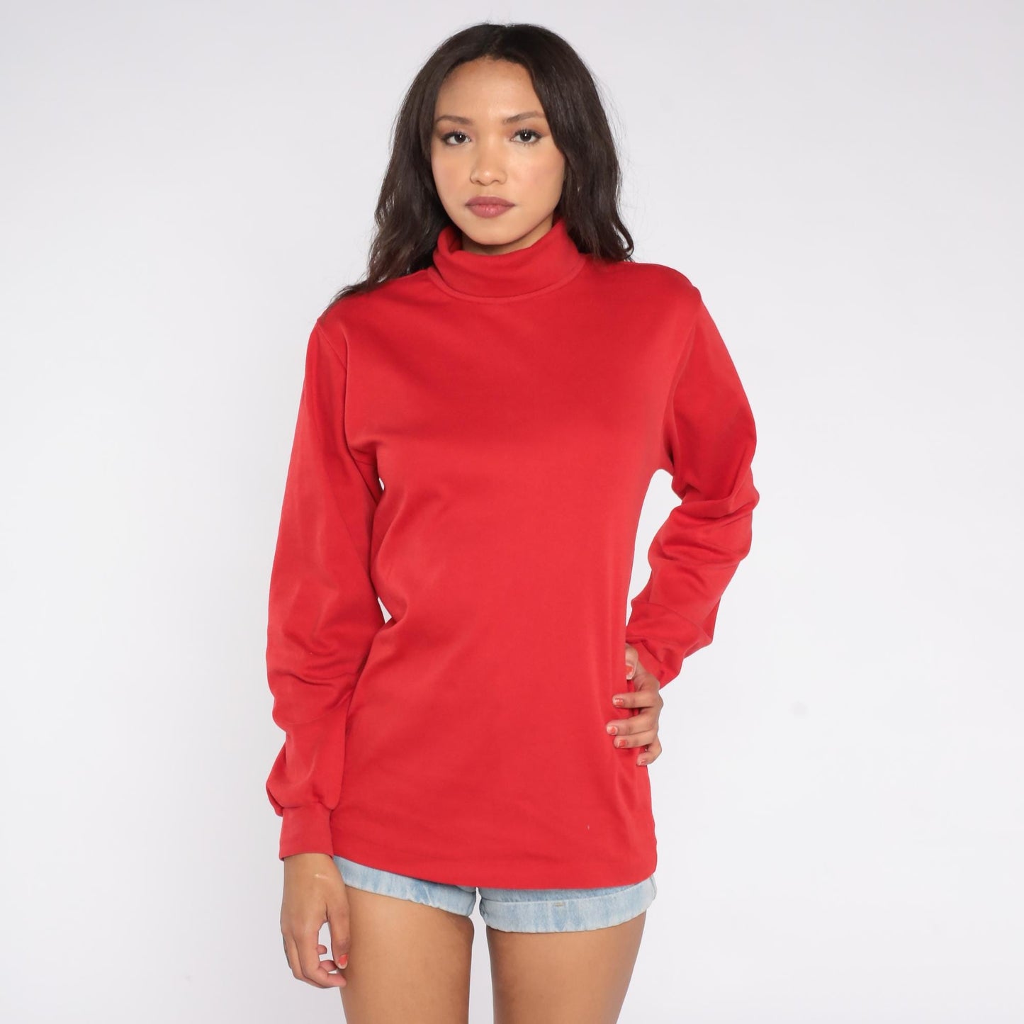 80s SKYR Red Mock Neck Sweatshirt Cotton Lycra Long Sleeve Large L