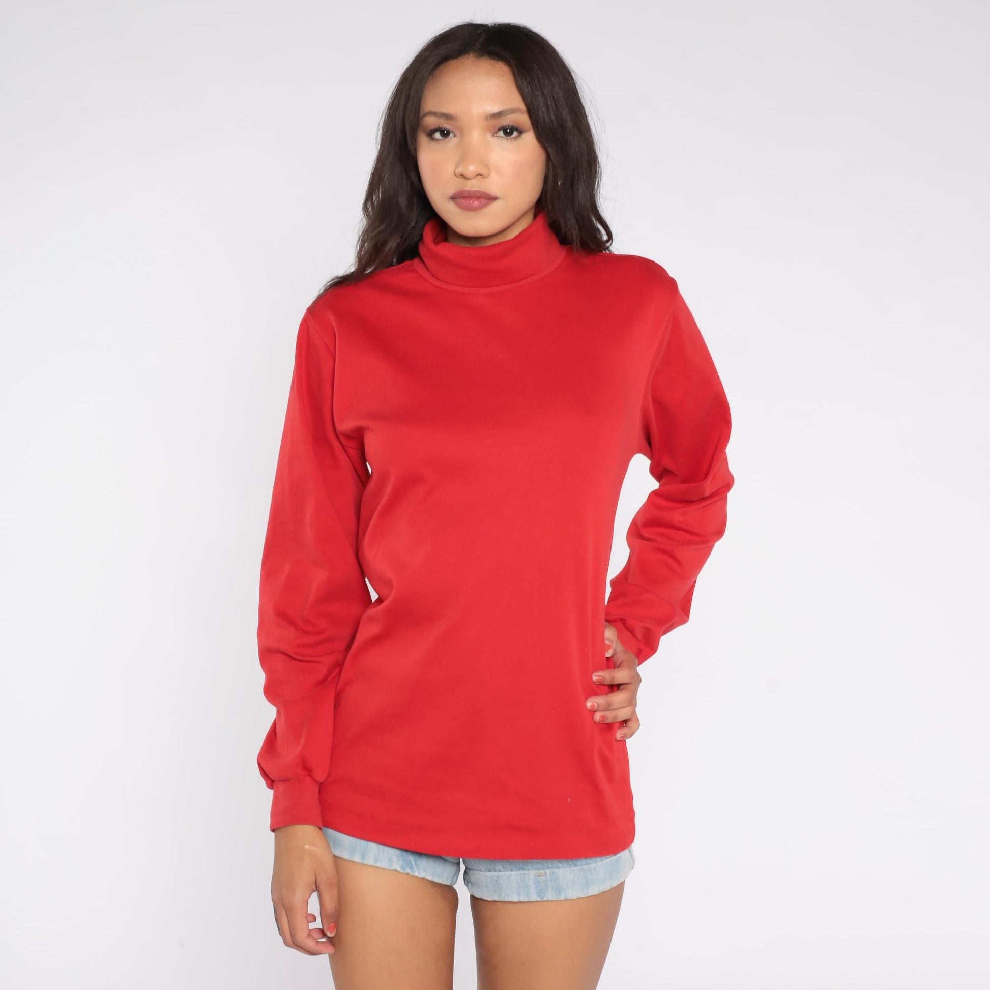 80s SKYR Red Mock Neck Sweatshirt Cotton Lycra Long Sleeve Large L