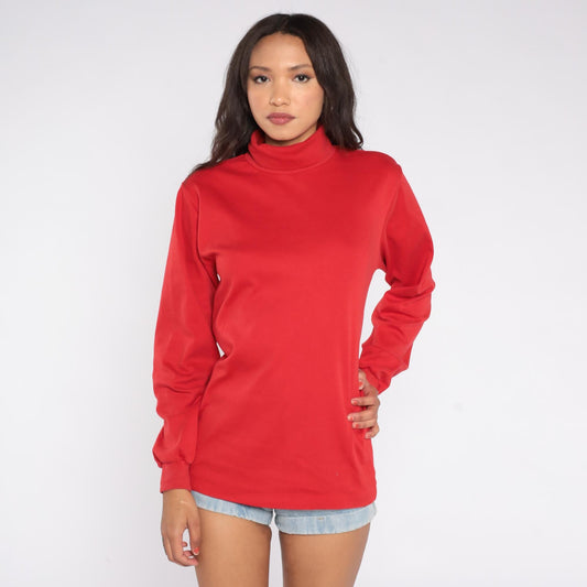80s SKYR Red Mock Neck Sweatshirt Cotton Lycra Long Sleeve Large L