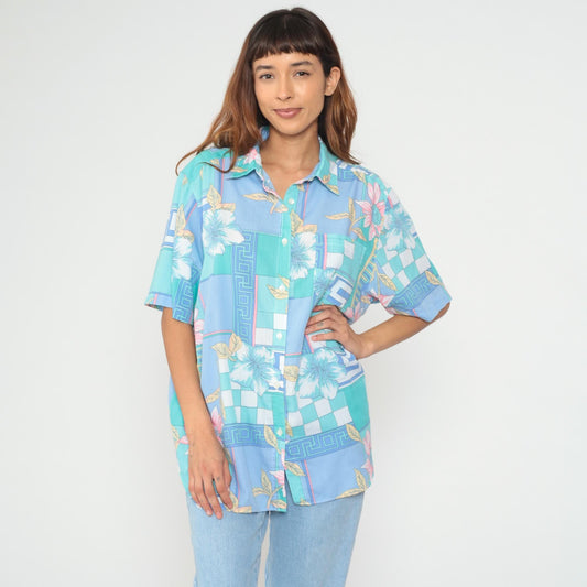 80s Alfred Dunner Tropical Floral Geometric Button Up Shirt Blue Teal Extra Large XL