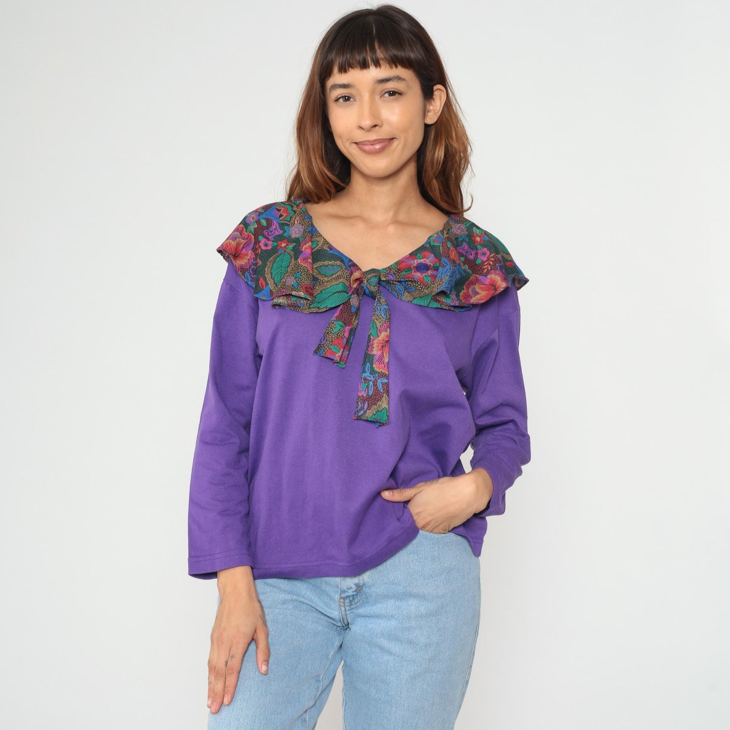 90s Purple Floral Tie Neck Cotton Blouse Long Sleeve V-Neck Medium M