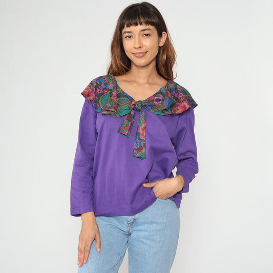 90s Purple Floral Tie Neck Cotton Blouse Long Sleeve V-Neck Medium M