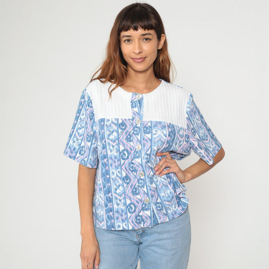 90s Blue Ikat Geometric Print Cotton Blouse Button Front Tribal Pattern Large L
