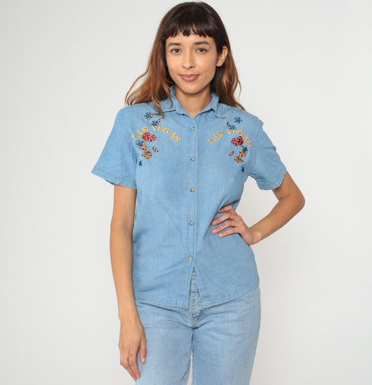 Y2K Las Vegas Casino Denim Shirt Embroidered Dice Gambling Small S