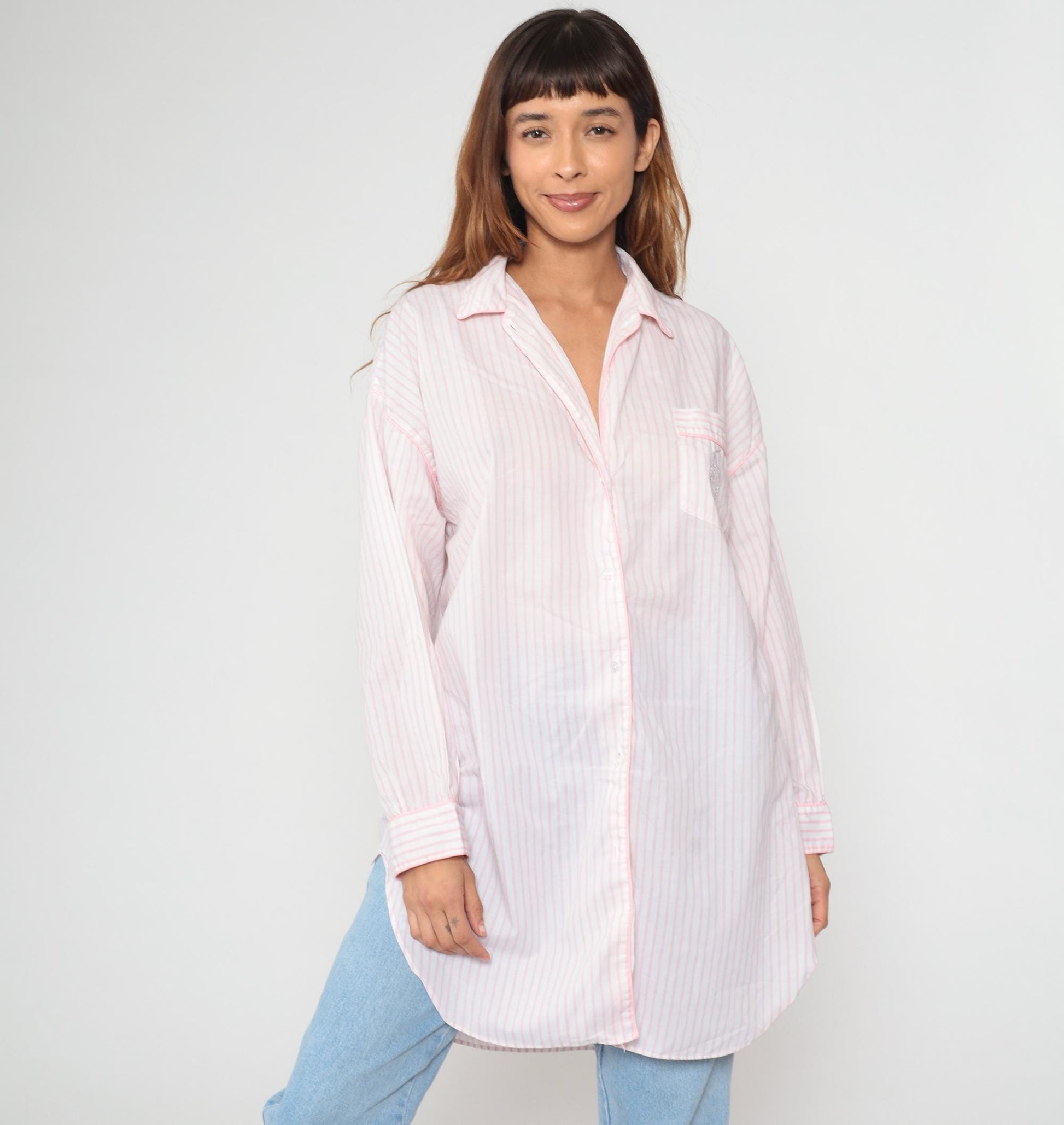 90s Apostrophe Pink White Striped Cotton Button Down Shirt Medium