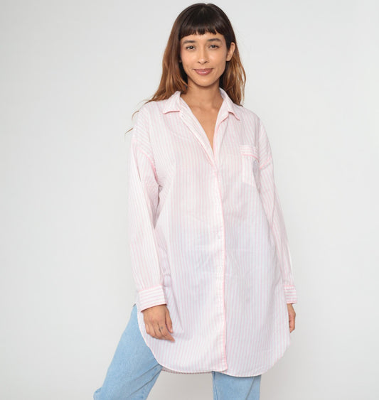 90s Apostrophe Pink White Striped Cotton Button Down Shirt Medium