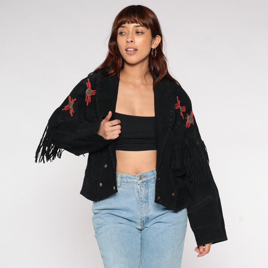 90s Learsi Black Leather Western Jacket Fringe Red Star Motif Large L