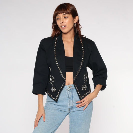 90s Molato Black Cotton Blazer Rhinestone Stud Embellished Cropped Large L