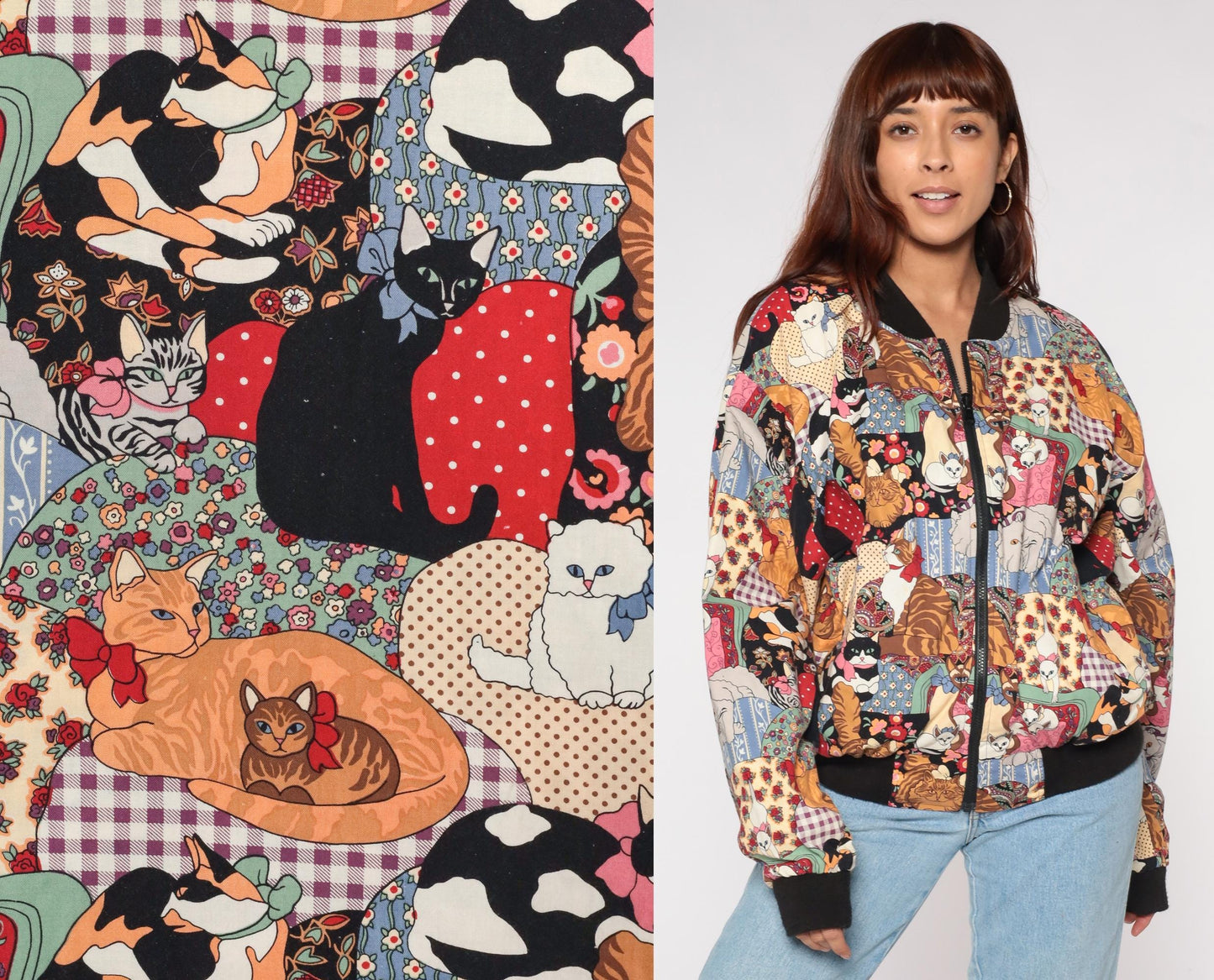 90s Infinity Chic Reversible Bomber Jacket Cat Farm Print Cotton
