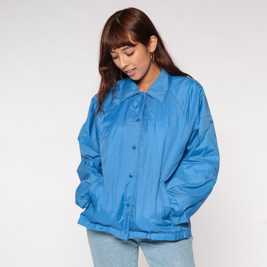 80s Sears Electric Blue Windbreaker Nylon Button-Front Jacket Large