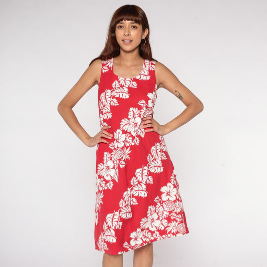 90s Hawaiian Dress Red Tropical Hibiscus Pineapple Print Sleeveless Knee-Length Medium M