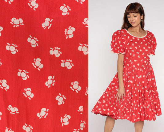 70s Apple Red Floral Prairie Dress Puff Sleeves Lace Trim Extra Large XL