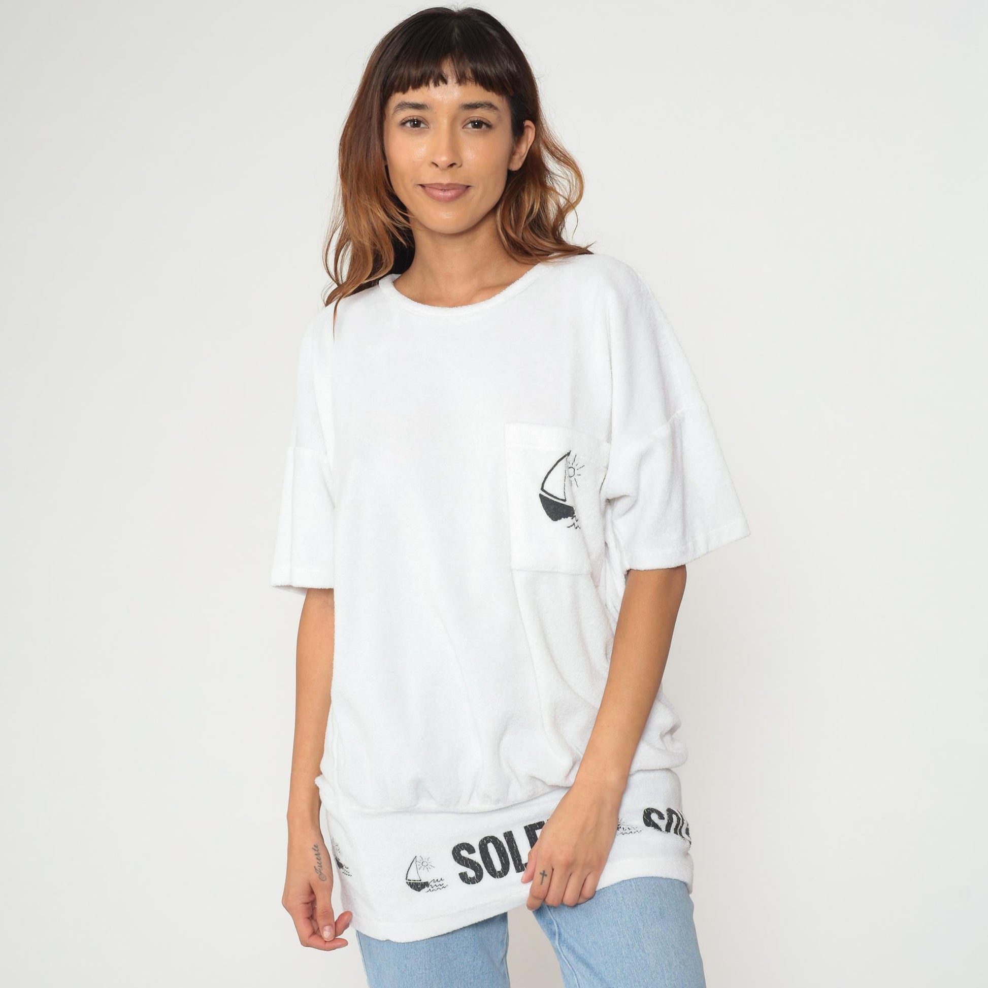 80s Soleil Sailboat Terrycloth Tee White Graphic Short Sleeve Medium M