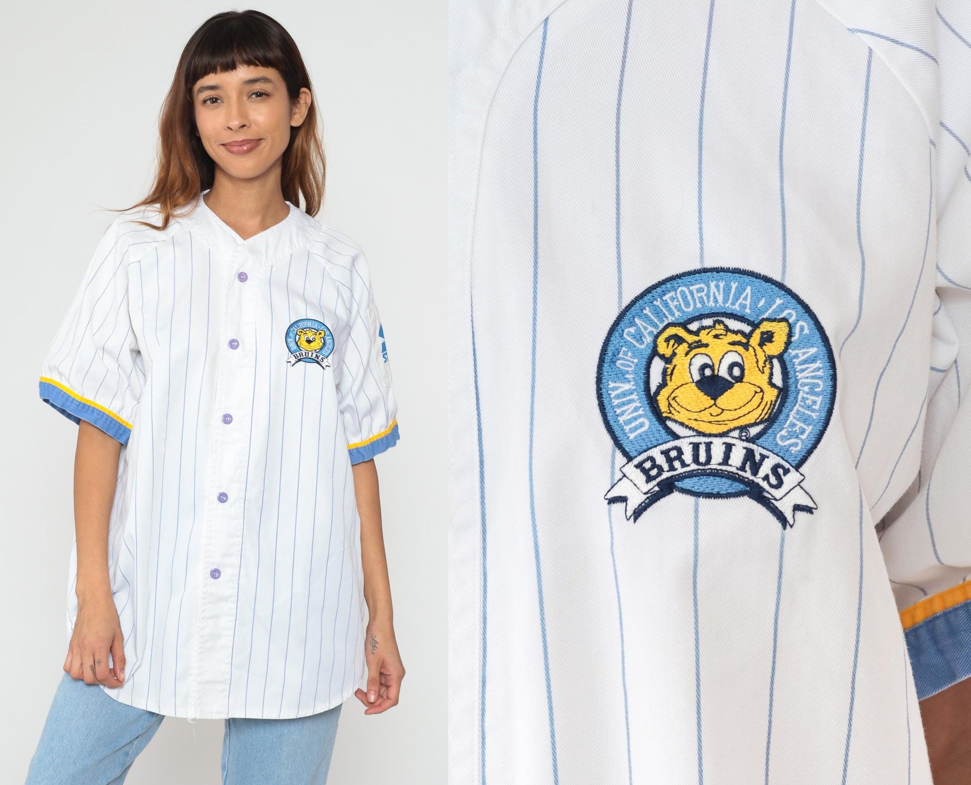 90s UCLA Bruins Baseball Jersey Starter White Pinstripe Button Front Extra Large XL