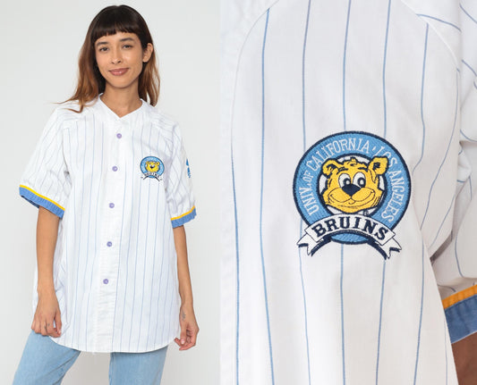 90s UCLA Bruins Baseball Jersey Starter White Pinstripe Button Front Extra Large XL