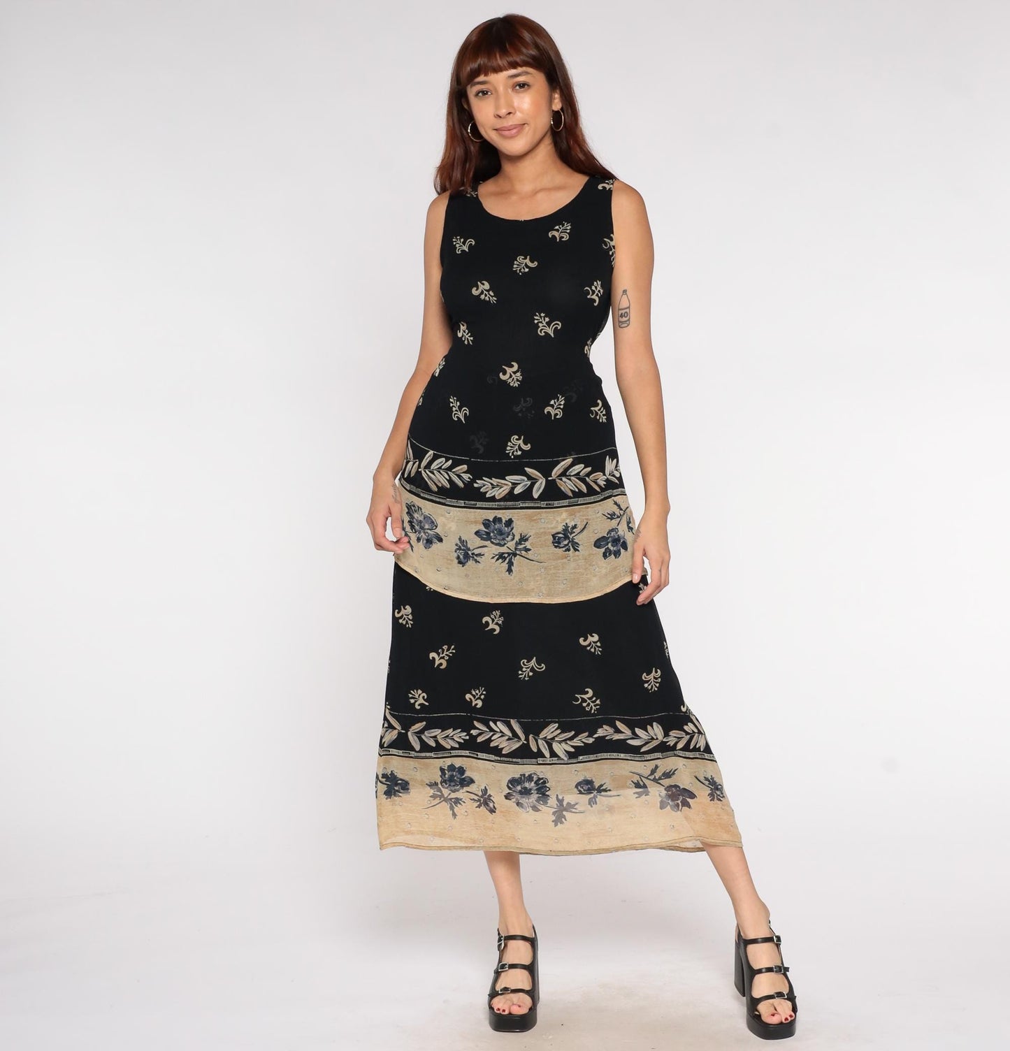 Y2K Bila Black Maxi Dress Tan Floral Border Print Sleeveless Small