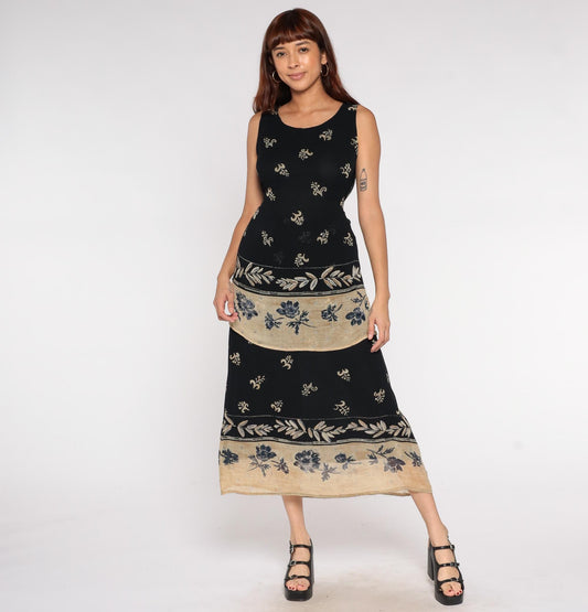 Y2K Bila Black Maxi Dress Tan Floral Border Print Sleeveless Small