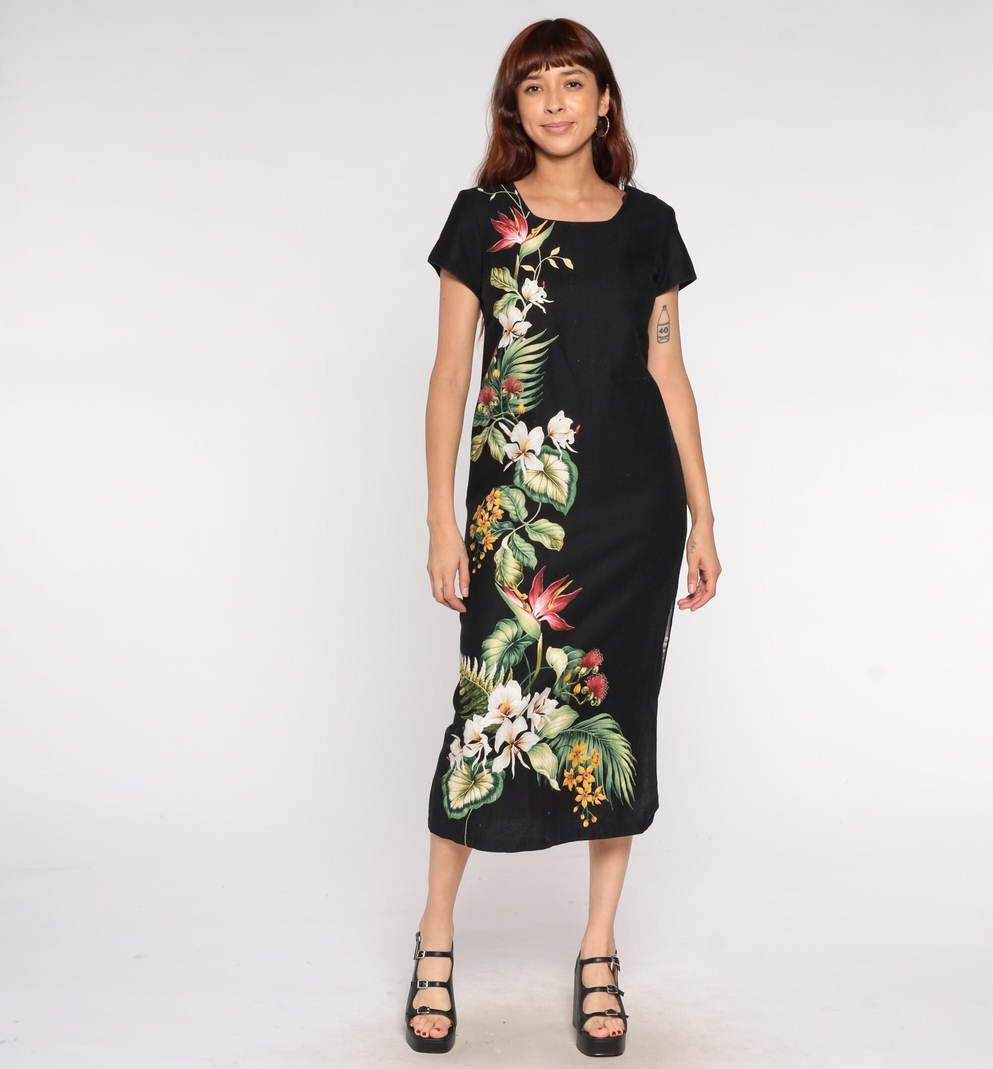 Young Hawaii Black Tropical Floral Midi Dress Bird of Paradise Cotton Small S
