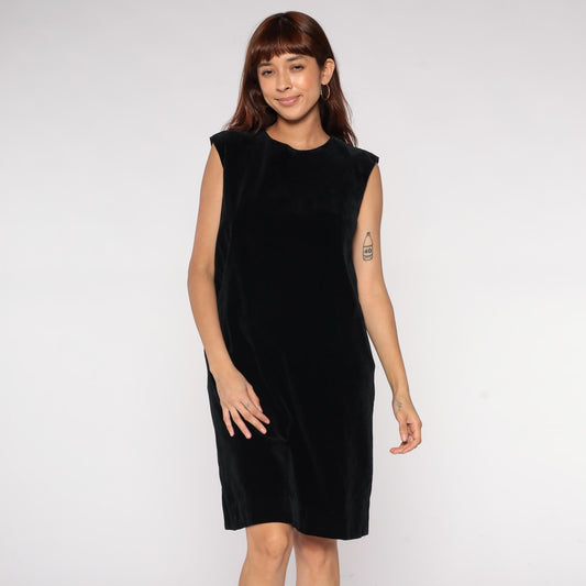 1970s Black Velvet Mini Dress Sleeveless Crew Neck Back Zip Medium M