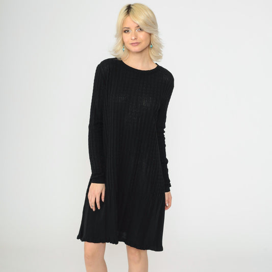 90s K Studio Black Ribbed Knit Sweater Dress Scalloped Hem Large