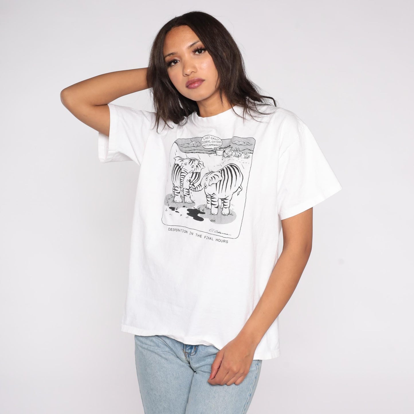 80s Noah's Ark Elephant Zebra Graphic T-Shirt Cotton Funny Animal Tee Large L