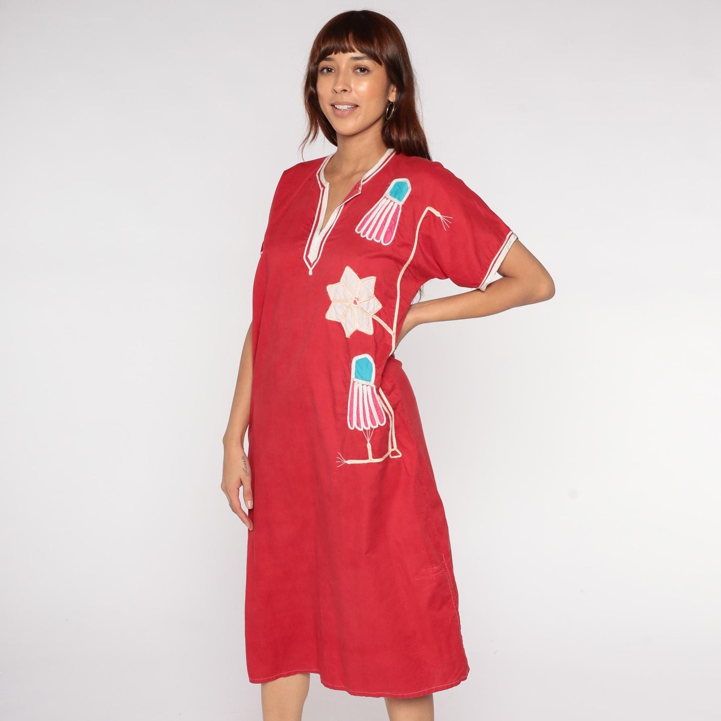 80s Red Kaftan Dress Cotton Blend V-Neck Jellyfish Embroidered Midi Medium M