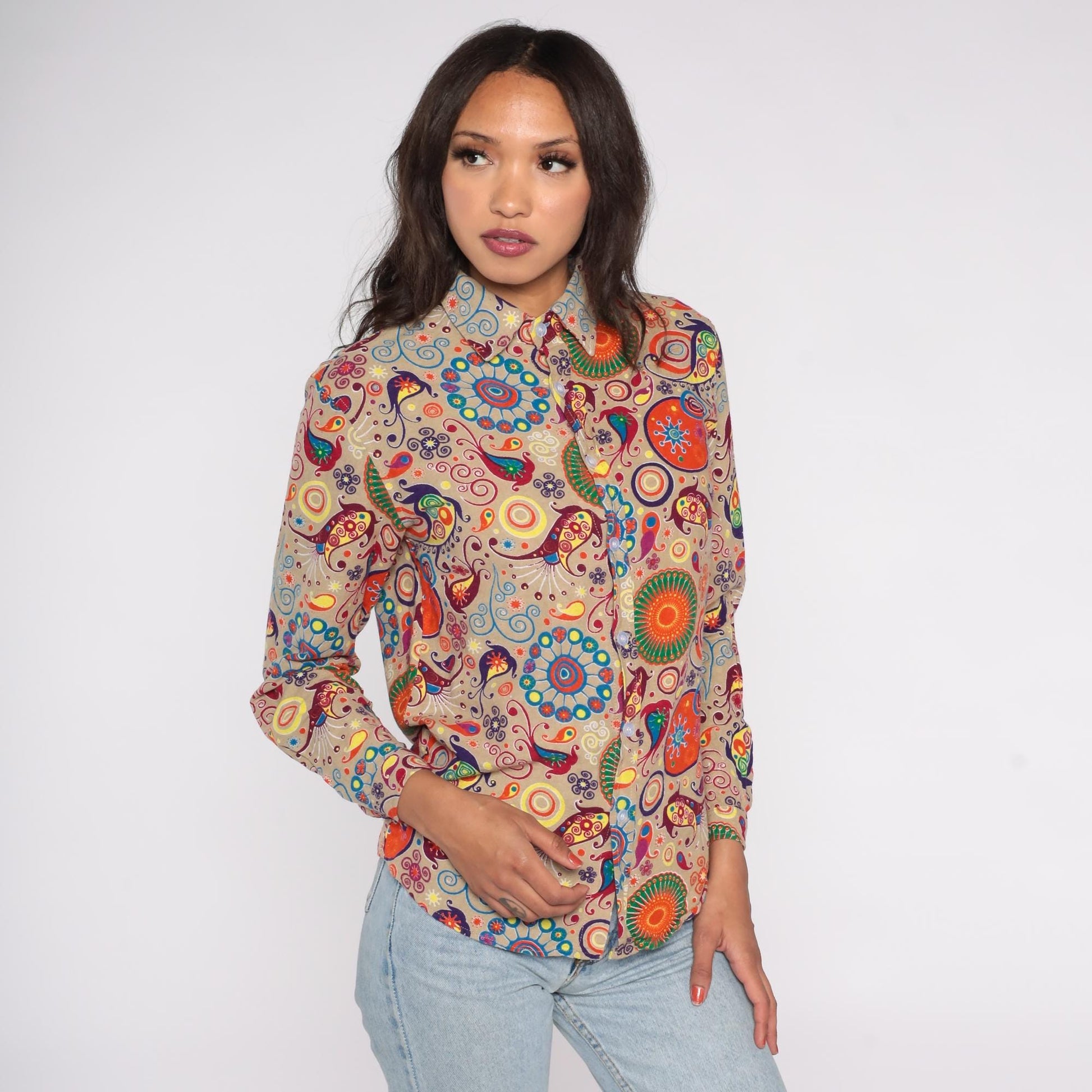 Y2K Psychedelic Button Down Shirt Beige Paisley Swirl Cotton Small S