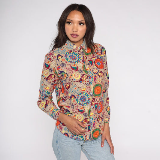 Y2K Psychedelic Button Down Shirt Beige Paisley Swirl Cotton Small S