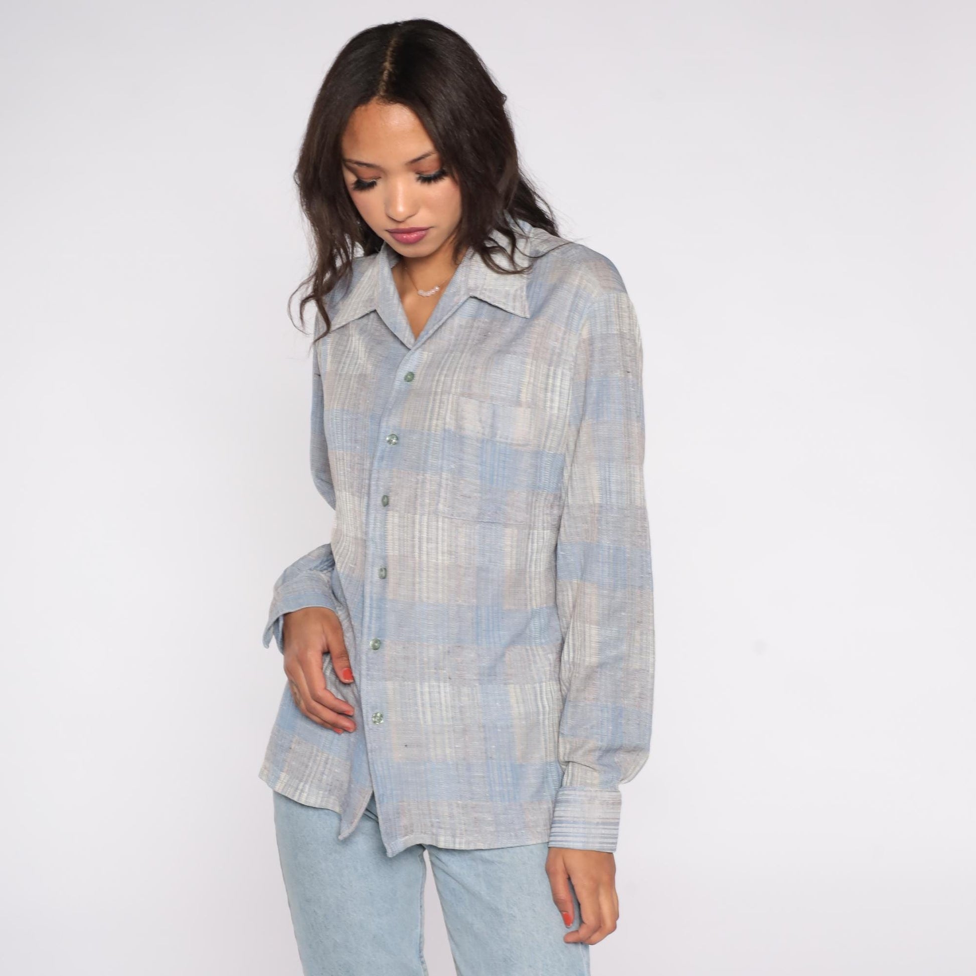 70s Joel Plaid Button-Down Shirt Blue Grey Polyester Long Sleeve Extra Large XL