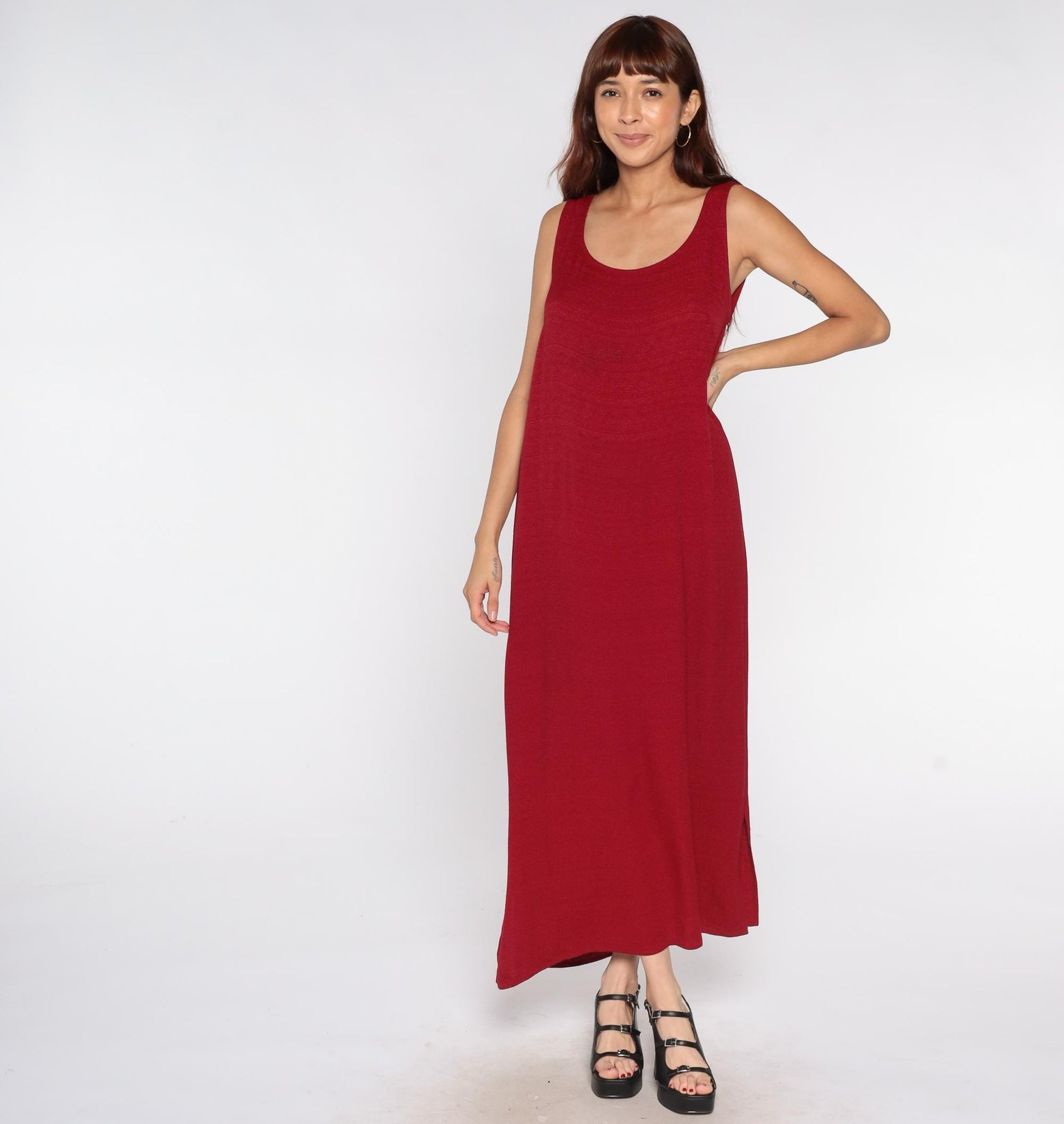 90s Jessica Howard Burgundy Maxi Dress Sleeveless Column Scoop Neck Side Slit Large
