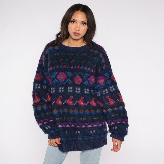 90s Ganesh Himal Hand Knit Wool Sweater Navy Fair Isle Geometric Pullover Extra Large
