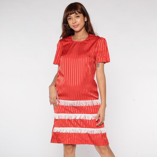 60s Red Satin Striped Shift Dress White Fringe Trim Mini XS