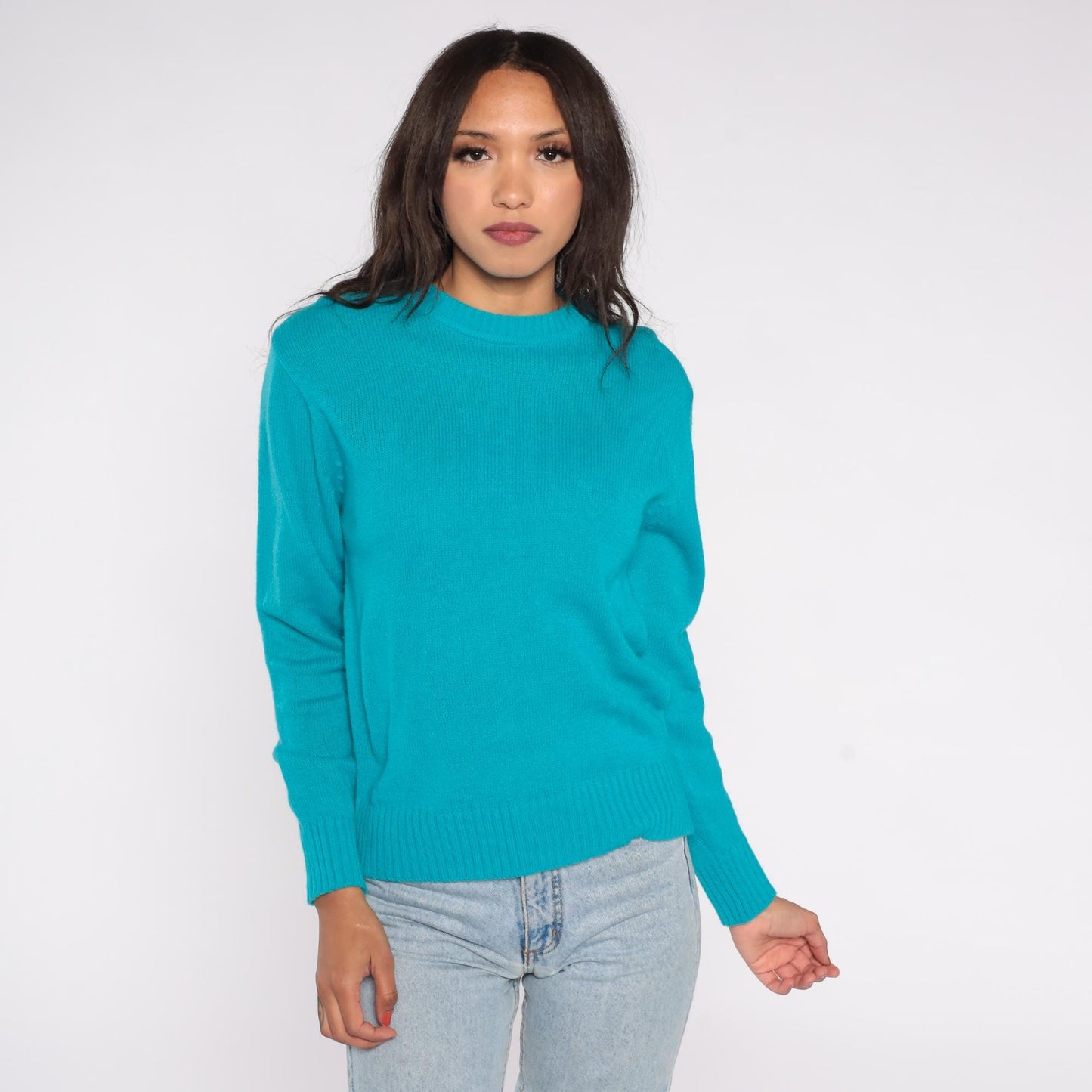 80s Turquoise Acrylic Crew Neck Sweater Knit Pullover Large L