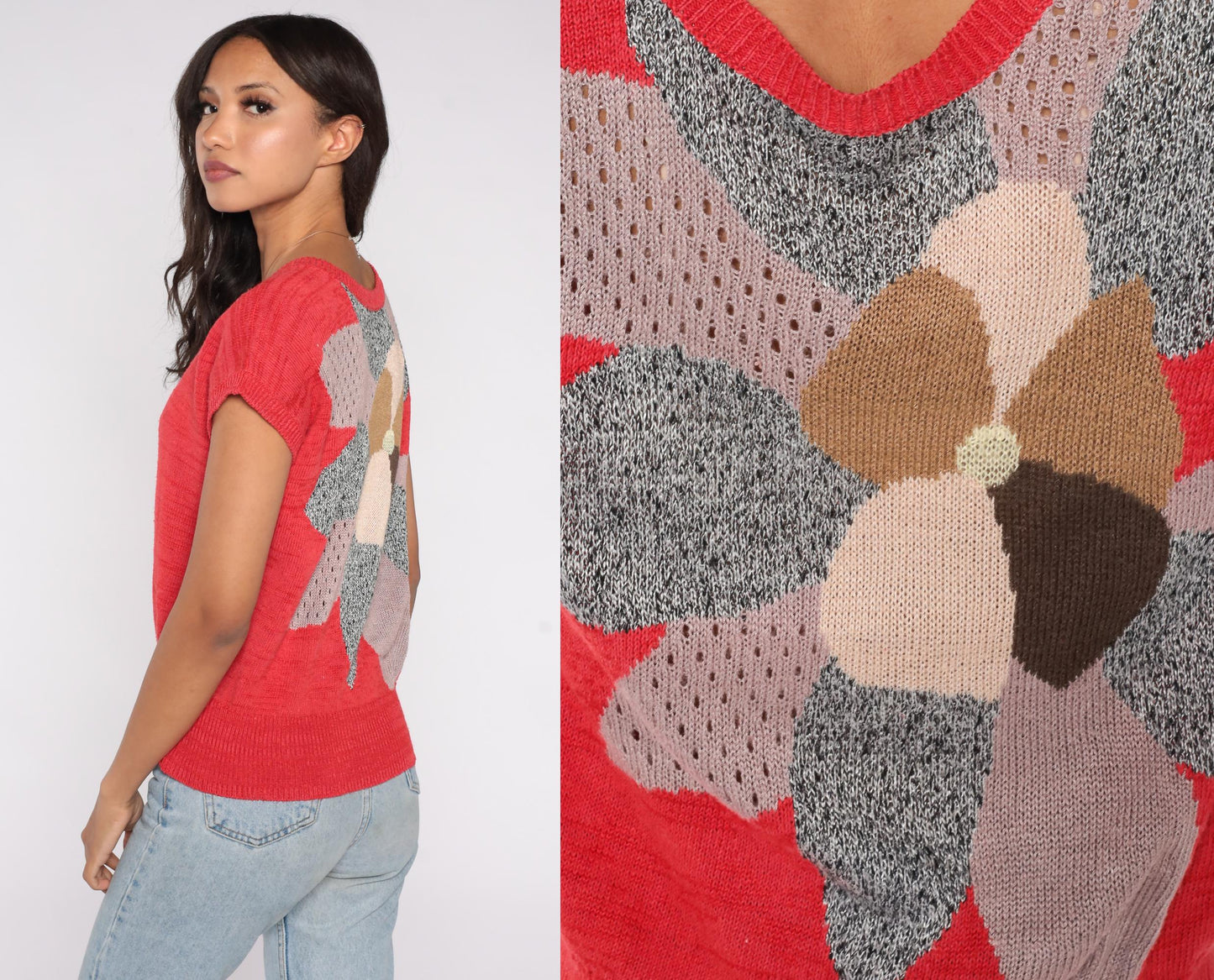 80s Red Knit Top Floral Graphic Open Weave Short Sleeve Small
