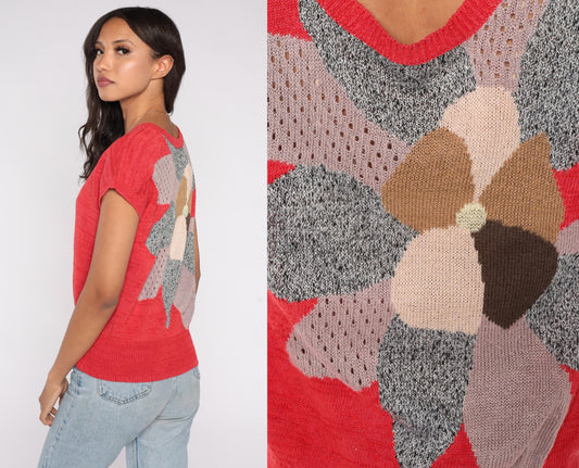 80s Red Knit Top Floral Graphic Open Weave Short Sleeve Small