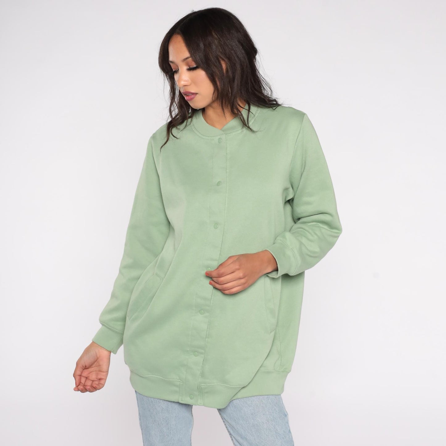 90s Only Necessities Sage Green Snap Button Sweatshirt Jacket Medium M