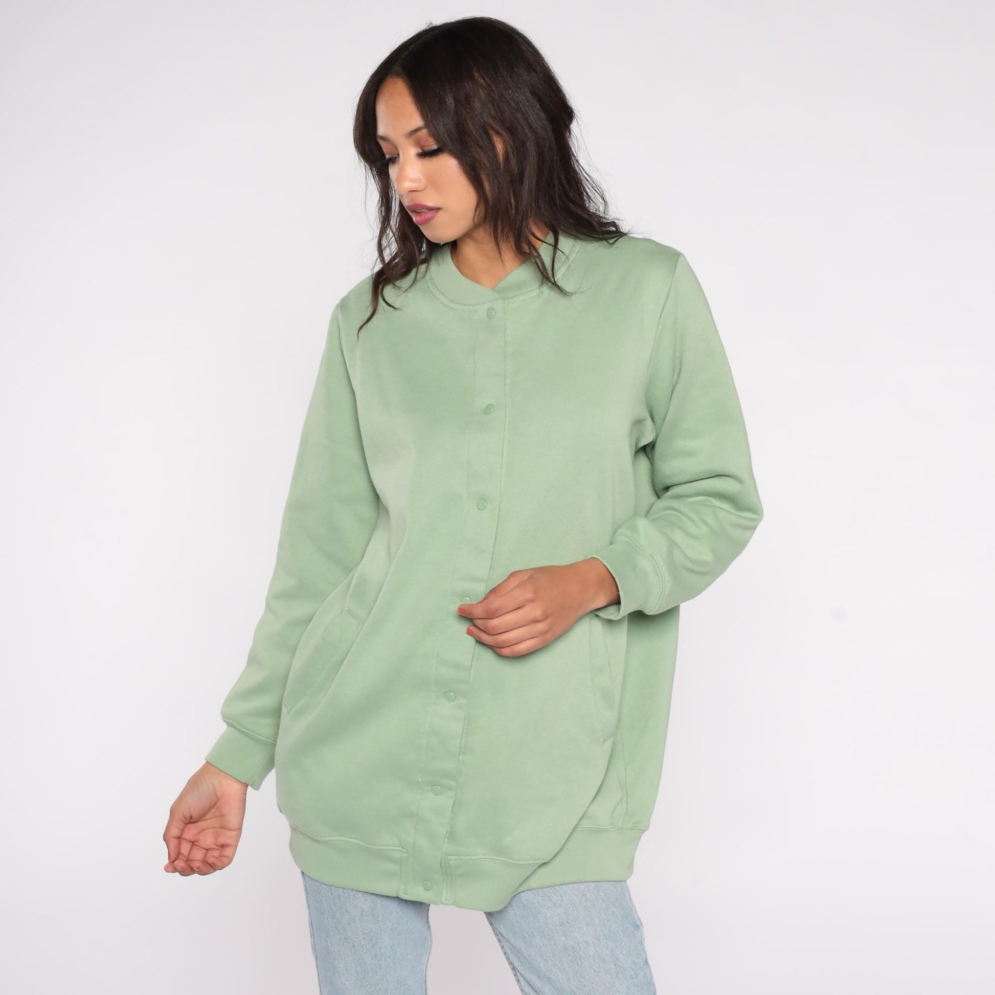 90s Only Necessities Sage Green Snap Button Sweatshirt Jacket Medium M