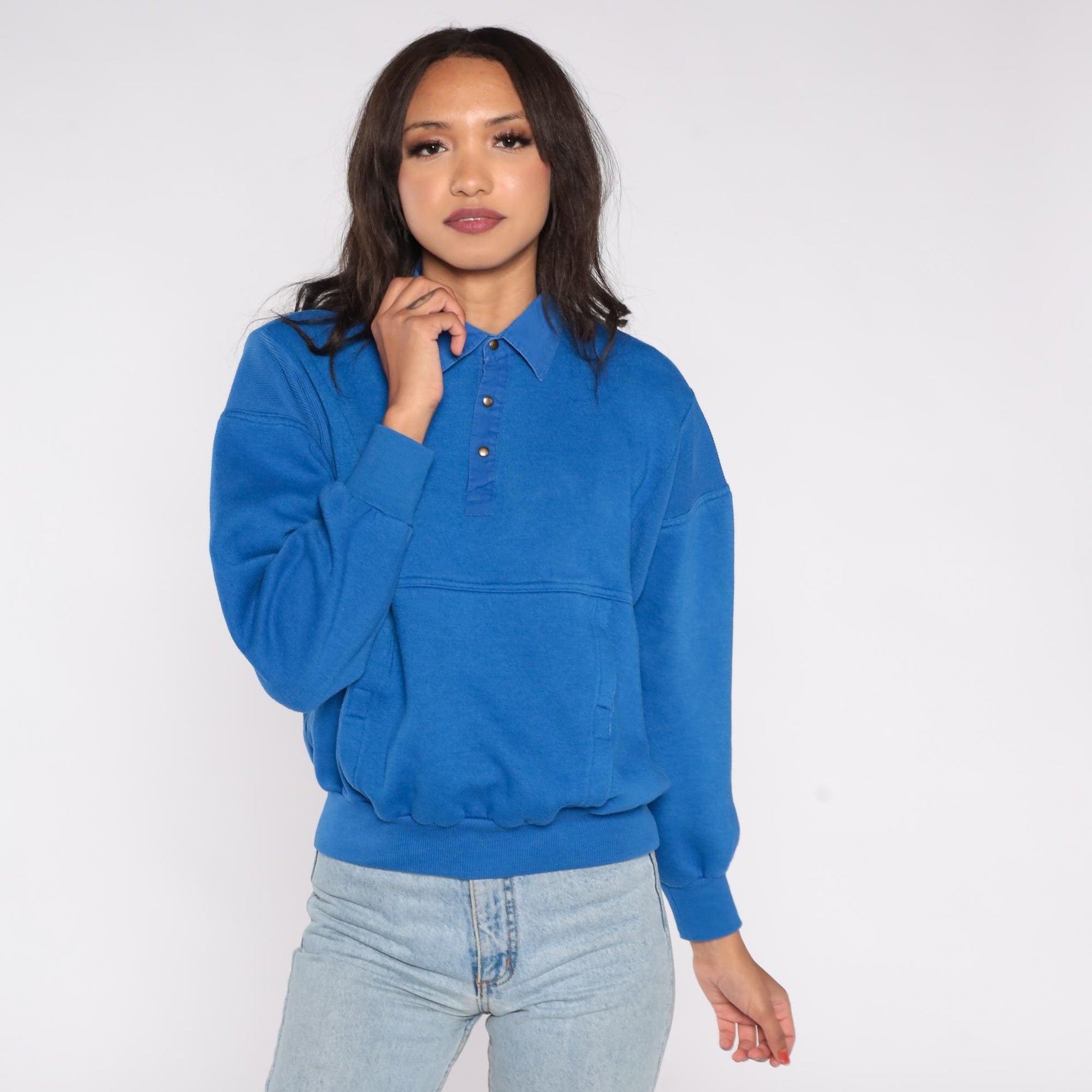 90s Trader Bay Blue Polo Sweatshirt Snap Front Fleece Lined Small S