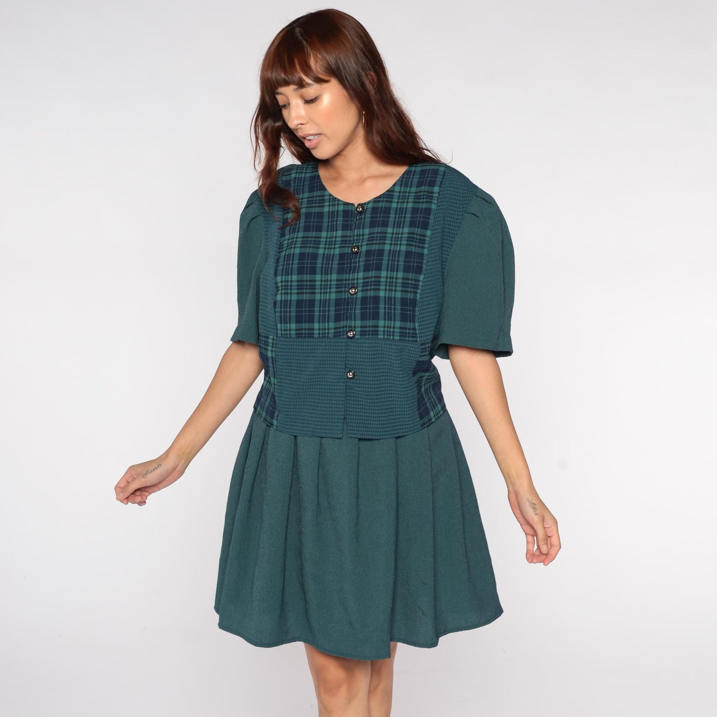 90s Lady Dorby Plaid Mini Dress Forest Green Navy Tie Back Plus Size 22W