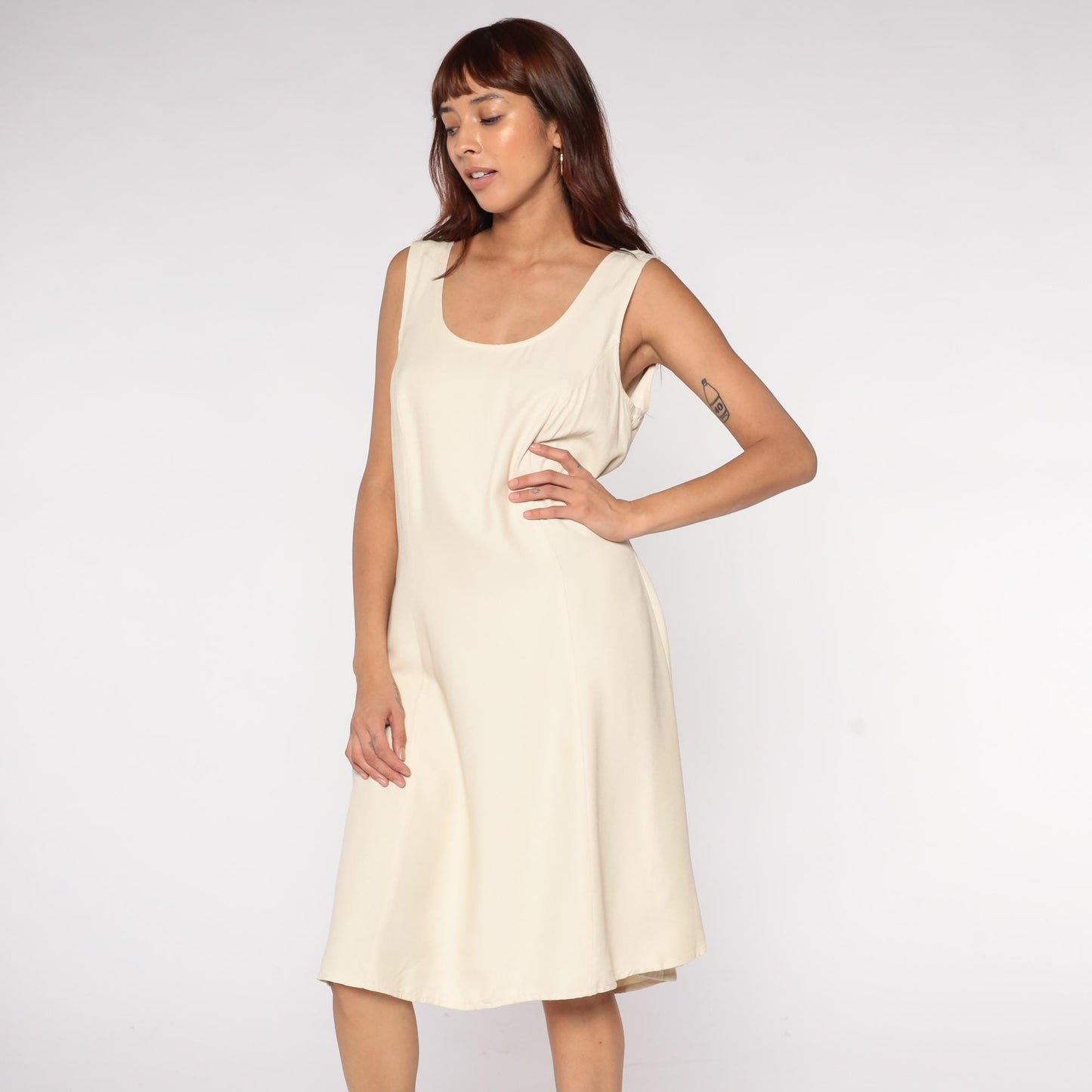 90s Minimalist Shift Dress Cream Sleeveless A-Line Midi Plus Size XXL