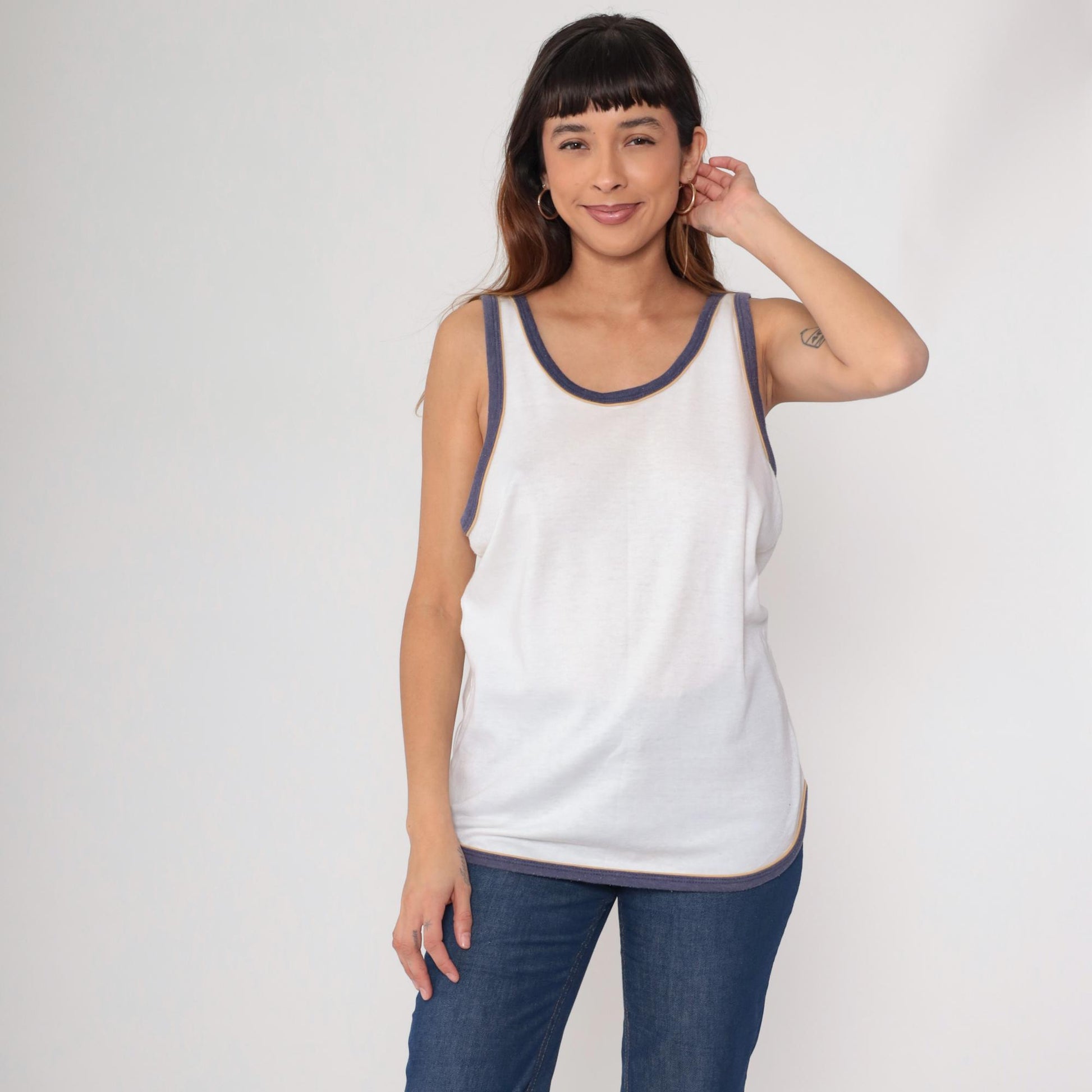 80s Laguna White Cotton Tank Top Navy Ringer Trim Scoop Neck Large L