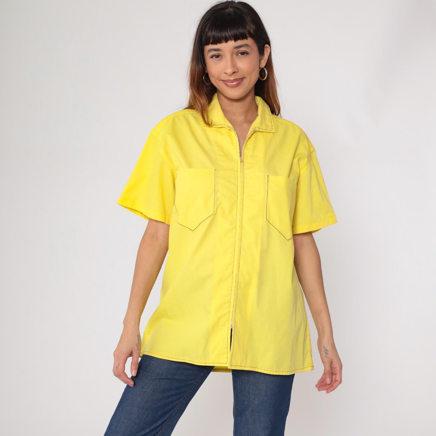 70s Yellow Zip-Front Work Shirt Cotton Blend Utility Pockets Extra Large XL
