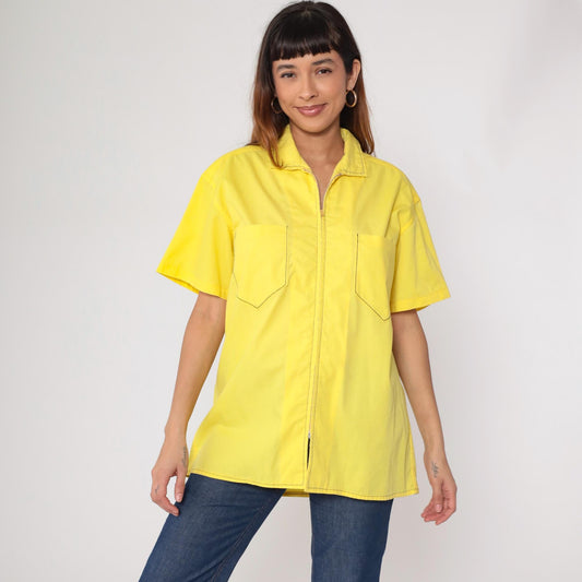 70s Yellow Zip-Front Work Shirt Cotton Blend Utility Pockets Extra Large XL