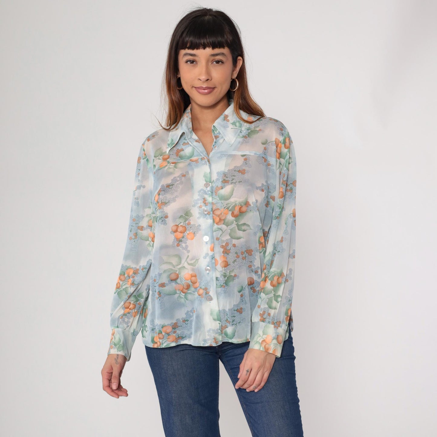 70s Berry Blouse Sheer Blue Orange Watercolor Floral Button Up Long Sleeve Large L