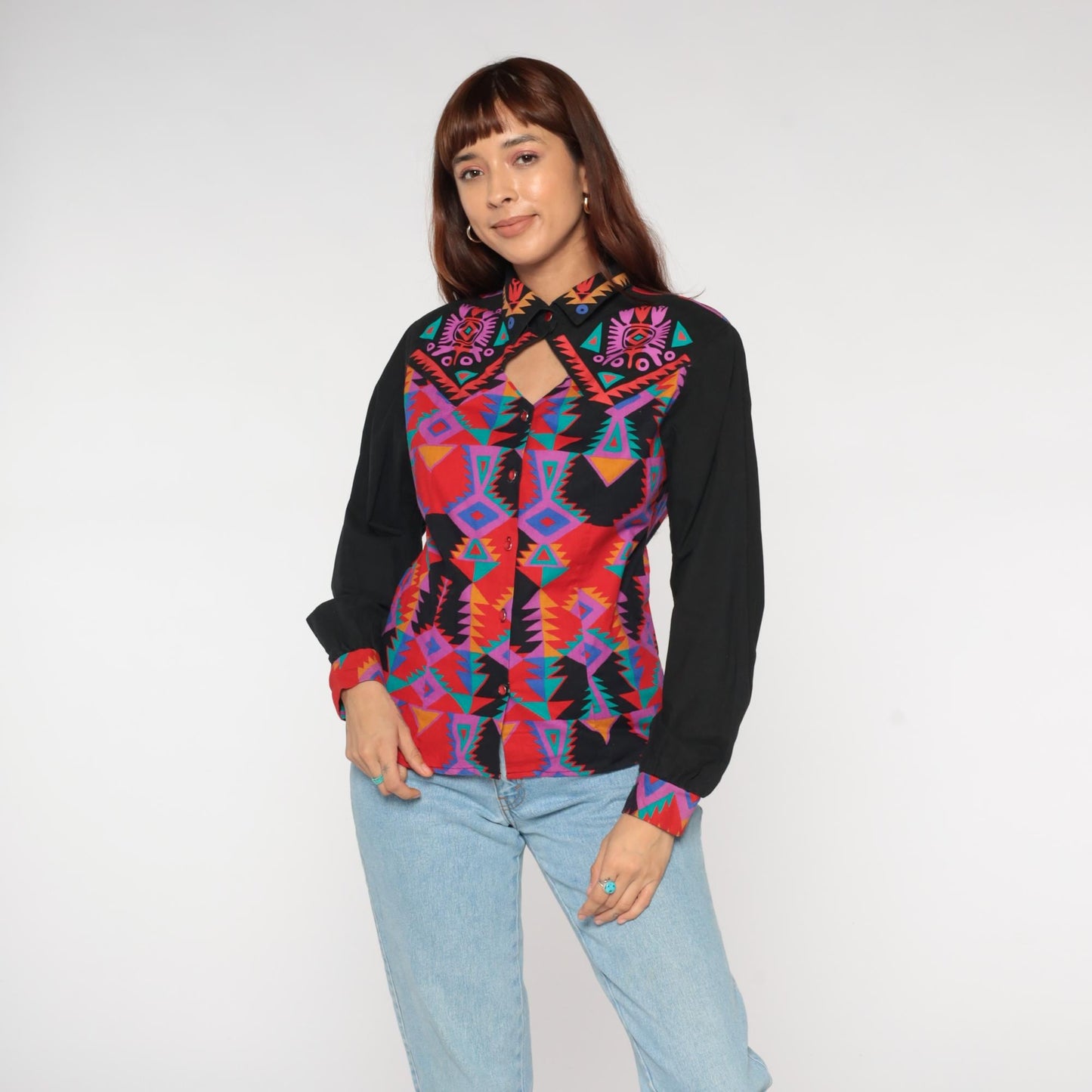 90s Western Plains Trading Co Southwestern Aztec Print Button Shirt Medium M