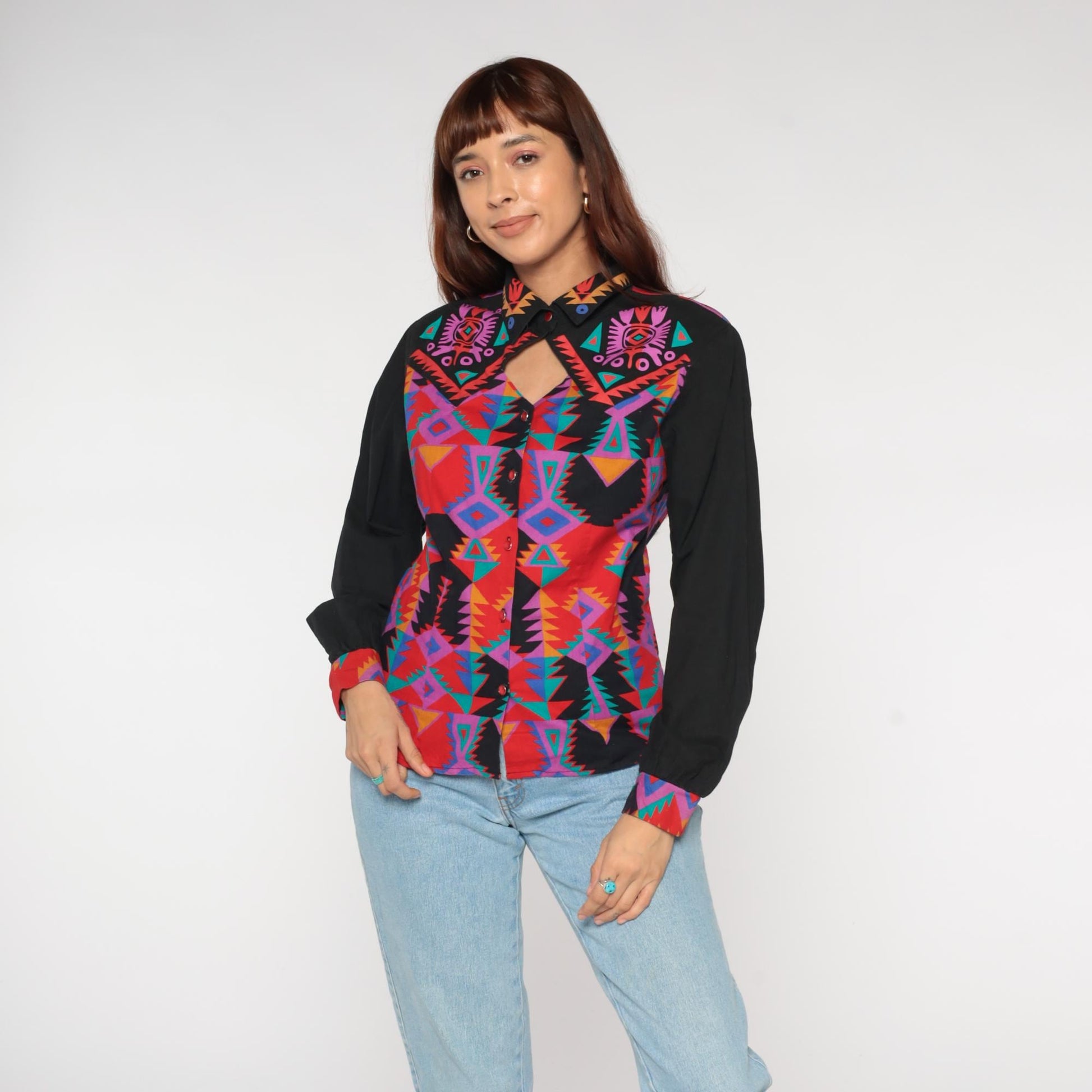 90s Western Plains Trading Co Southwestern Aztec Print Button Shirt Medium M