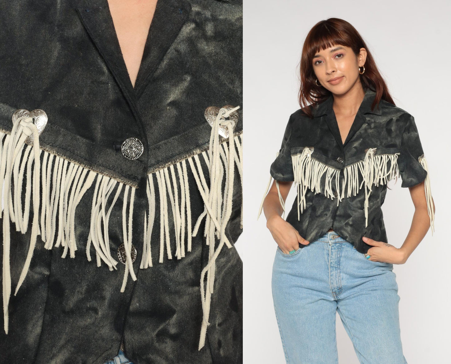 90s Western Fringe Blazer Black Camo Suede Cropped Jacket Small S