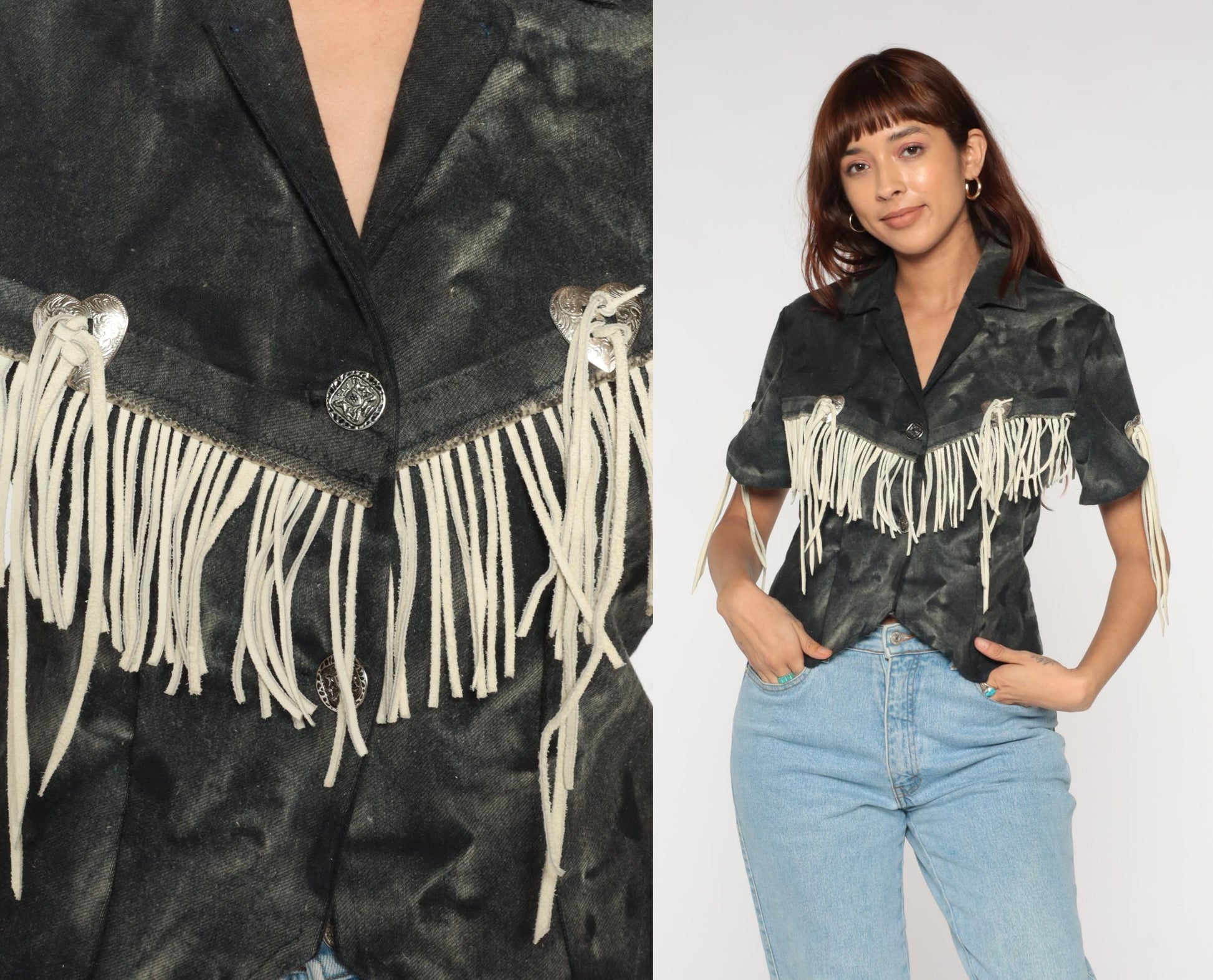 90s Western Fringe Blazer Black Camo Suede Cropped Jacket Small S